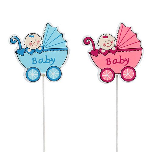 Floristik24 Carrinho de bebê decorativo 6cm rosa, azul 16 unidades