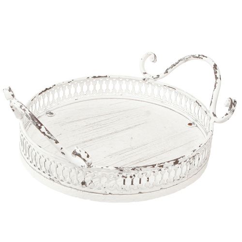 Bandeja decorativa metal alça branca shabby chic Ø20cm Alt.8cm