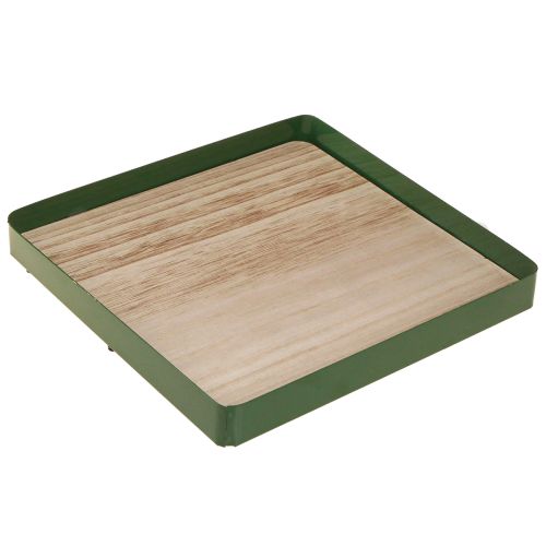 Floristik24 Bandeja decorativa de metal quadrada verde base de madeira 25,5×25,5cm
