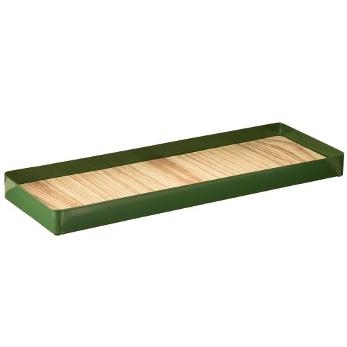 Bandeja decorativa retangular verde metal base madeira 41×14cm