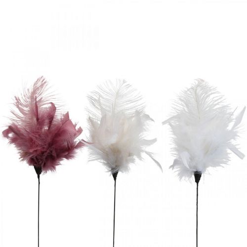Penas decorativas no palito penas de pássaros branco/creme/rosa escuro 3 unid.