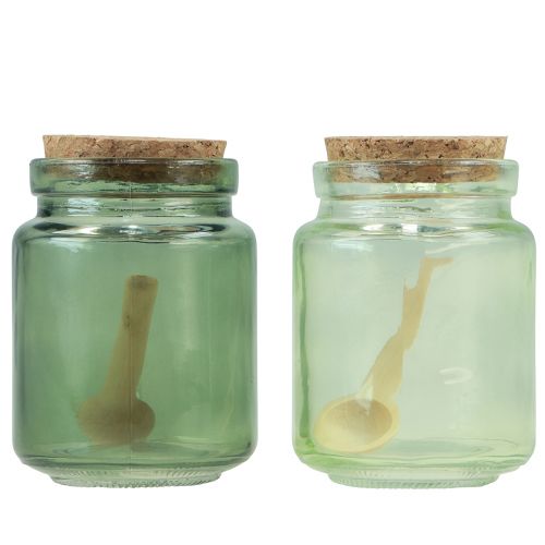Itens Vidro decorativo com tampa de cortiça e colher verde Ø7cm Alt.10cm 2 unidades