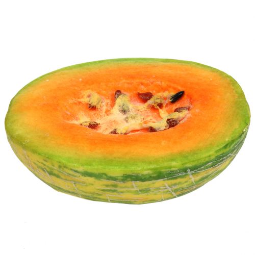 Melão melão decorativo cortado ao meio em laranja, verde 13 cm