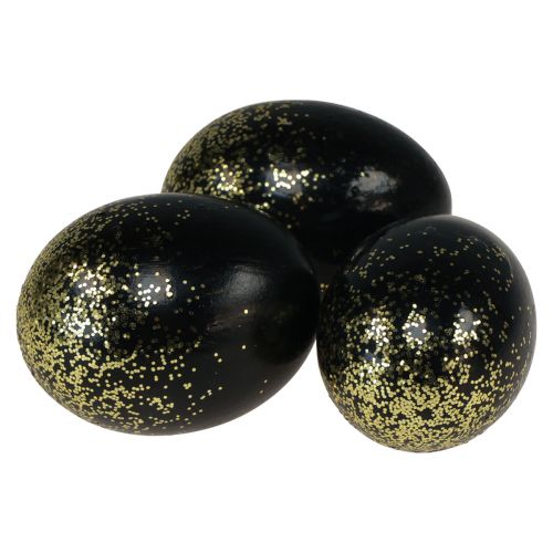 Ovos de Páscoa decorativos ovo de ganso verdadeiro preto com glitter dourado Alt.7,5–8,5 cm 10 peças