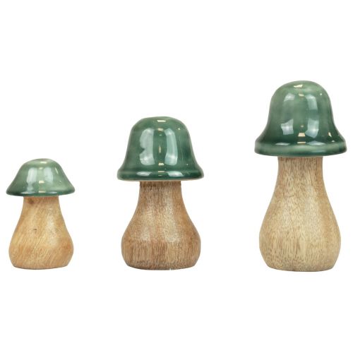 Cogumelos decorativos cogumelos de madeira verde escuro brilhante H6/8/10cm conjunto de 3