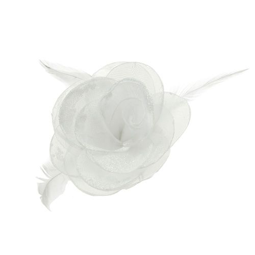Floristik24 Rosa decorativa com penas no clipe branco 2pçs