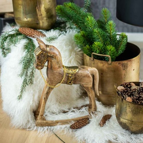 Itens Cavalo de balanço decorativo em madeira maciça de Natal natural, dourado 28 × 39 × 9,5cm