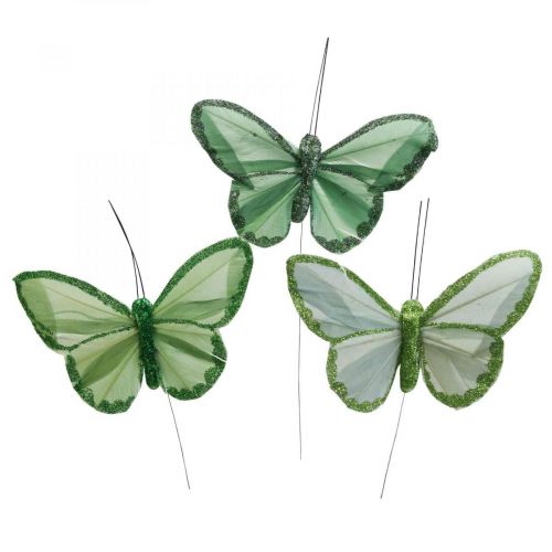 Floristik24 Borboletas decorativas penas verdes em arame 10cm 12uds