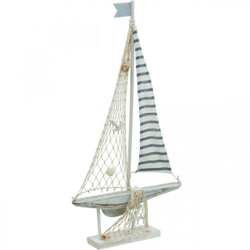 Veleiro Deco Madeira Branco Azul Marítimo Navio Deco 28×3×55cm