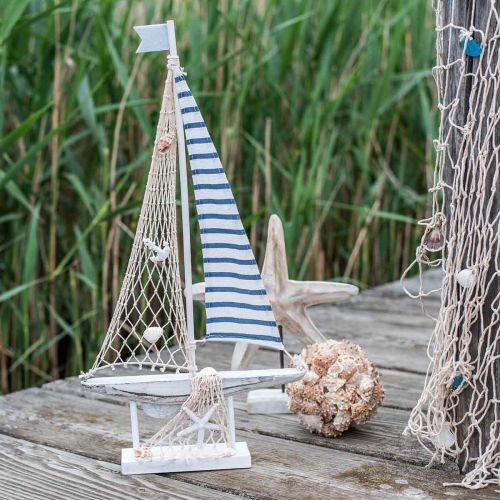 Floristik24 Veleiro Deco Madeira Branco Azul Marítimo Navio Deco 28×3×55cm