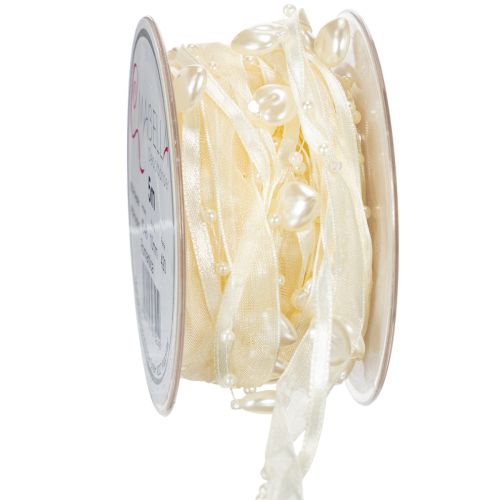 Floristik24 Fita decorativa, creme, corações, pérolas, decoração de casamento, 10mm, 5m