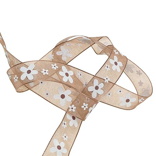Floristik24 Fita Deco marrom claro com motivo floral 15mm 20m