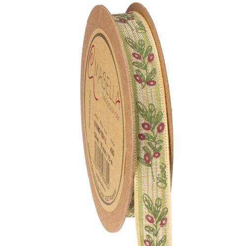 Fita para presente com ramo de oliveira, com elegantes ramos e azeitonas, 1,5 cm, 15 m