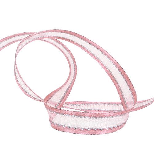 Floristik24 Fita Deco rosa com listras de lurex em prata 15mm 20m