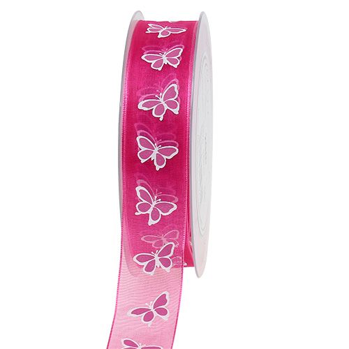 Fita decorativa com borboleta rosa 25mm 20m | Floristik24.pt