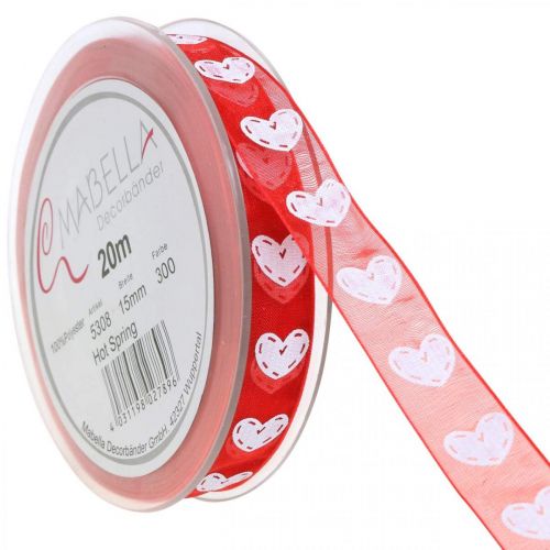 Floristik24 Fita decorativa corações, decoração de casamento, fita Dia dos Namorados vermelha, branca 15mm 20m
