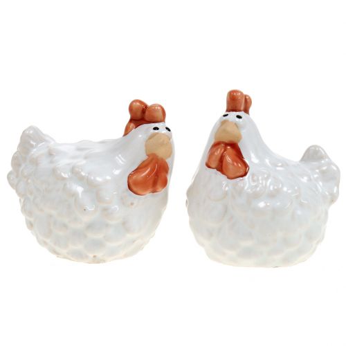 Floristik24 Frango decorativo branco, figura de cerâmica, decoração de Páscoa 2 unidades