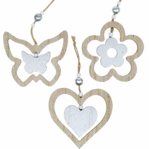 Floristik24 Decoração hanger coração flor borboleta natureza, decoração de madeira prateada 6pcs
