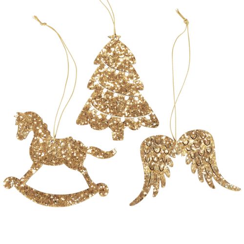 Itens Cabide decorativo madeira glitter dourado decoração de árvore de Natal 10 cm 6 unidades