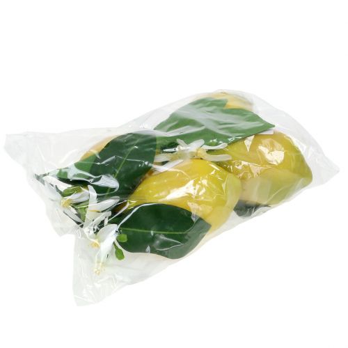 Floristik24 Fruta decorativa, limões com folhas amarelas 9,5cm 4pcs
