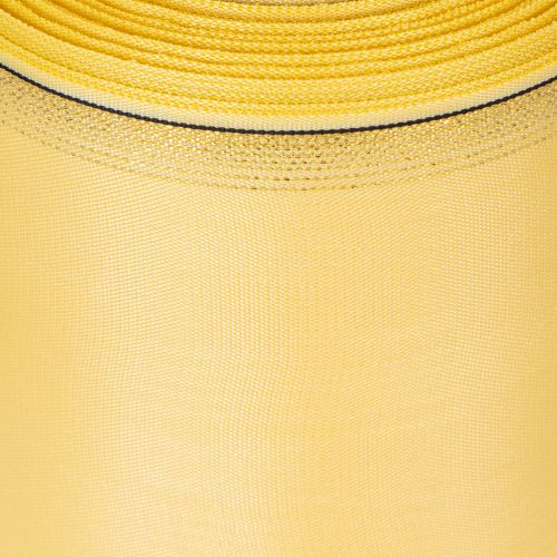 Itens Fita decorativa em moiré amarela com borda dourada, 100 mm de largura, 25 m de comprimento, ideal para arranjos florais e decoração.