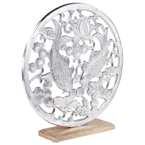 Itens Anel decorativo metal base madeira prata lotus koi decoração Ø32cm