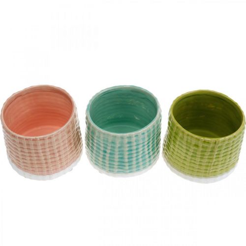 Floristik24 Vasos decorativos com padrão de cesta, plantador, plantador de cerâmica hortelã/verde/rosa Ø13cm 3pcs