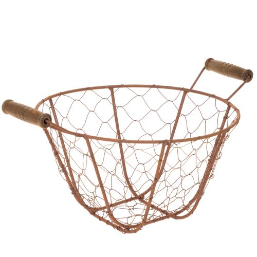 Cesto redondo vintage de arame com alças de madeira, cesto de metal, acabamento enferrujado, Ø22cm comprar | Floristik24.pt