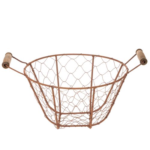 Cesto redondo vintage de arame com alças de madeira, cesto de metal, acabamento enferrujado, Ø22cm | Floristik24.pt