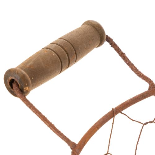 Cesto redondo vintage de arame com alças de madeira, cesto de metal, acabamento enferrujado, Ø22cm | Floristik24.pt
