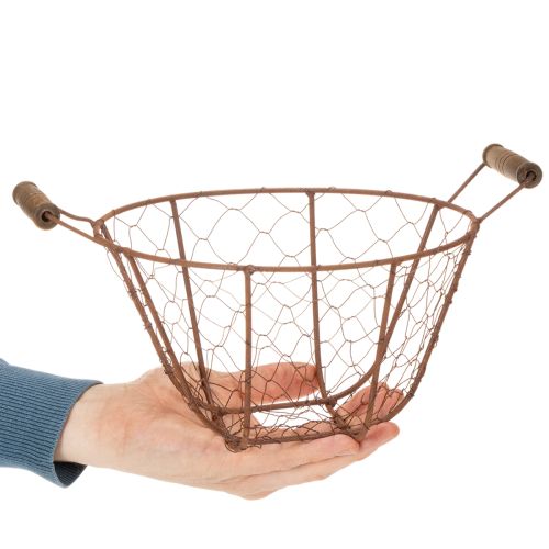 Cesto redondo vintage de arame com alças de madeira, cesto de metal, acabamento enferrujado, Ø22cm | Floristik24.pt