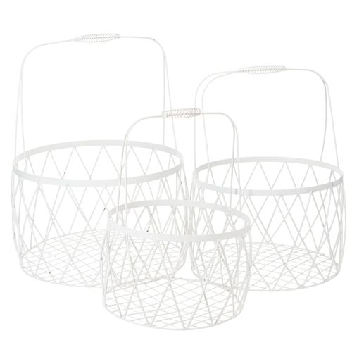 Floristik24 Cesto de arame com alça, metal branco, Ø25/30/35cm, conjunto de 3