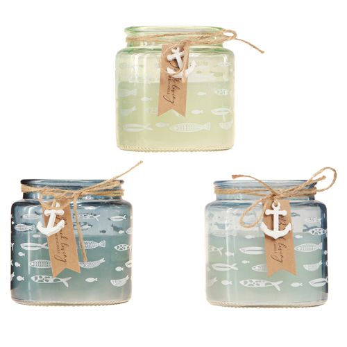 Floristik24 Velas perfumadas em vidro velas de peixe azul marinho verde Alt.11cm 3 unidades