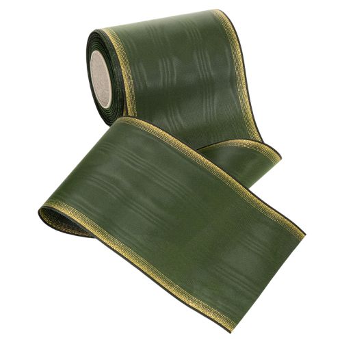 Fita elegante verde-escura em moiré para guirlanda, 125 mm com borda de pérolas douradas, fita de luto, decoração de casamento, fita para laço. | Floristik24.pt