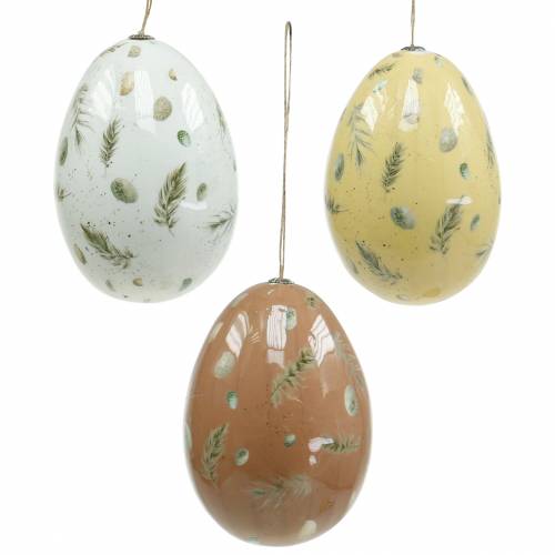 Ovos de Páscoa para pendurar com motivos ovos e penas branco, castanho, amarelo sortido 3uds