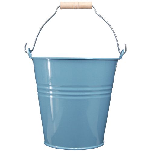 Itens Balde vaso de metal azul com cabo de madeira 26x22,5x23cm