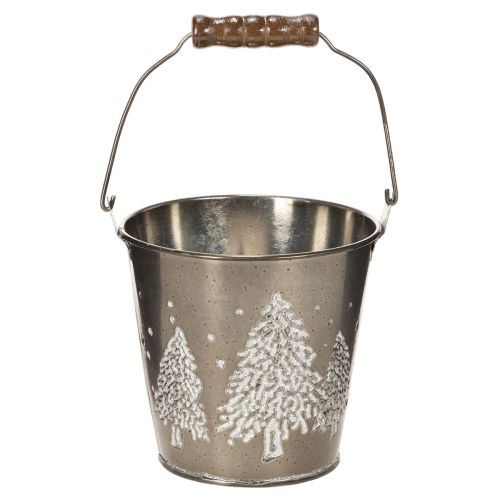 Balde decorativo com pinheiros e alça de madeira, 13 cm