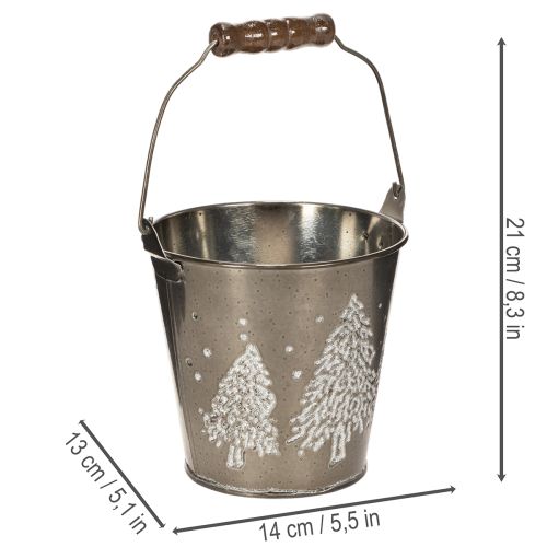 Balde decorativo com pinheiros e alça de madeira, 13 cm | Floristik24.pt