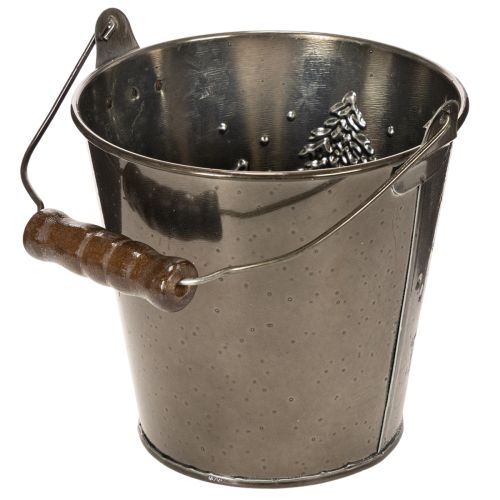 Balde decorativo com pinheiros e alça de madeira, 13 cm | Floristik24.pt