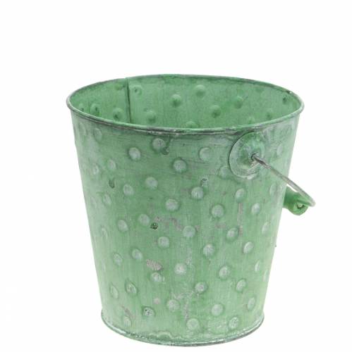 Plantador de balde decorativo com pontos metal verde lavado Ø16cm H15.5cm