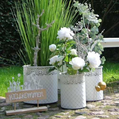 Itens Vaso de plantas com padrão rendado, recipiente de metal, balde decorativo branco, prata shabby chic H28/25,5/23,5 cm Ø29,5/25,5/20 cm conjunto de 3