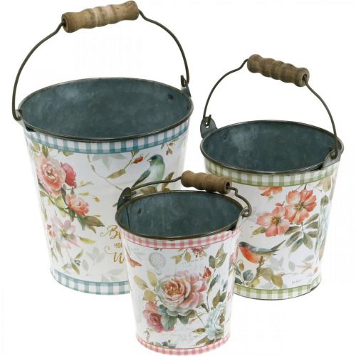 Floristik24 Balde de metal com aparência vintage, decoração de primavera, balde para plantas, decoração de metal H15 / 11 / 9,5 cm conjunto de 3