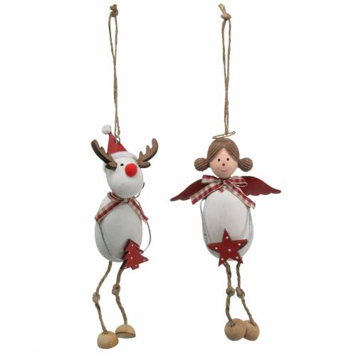 Floristik24 Figuras de Natal anjo e rena para pendurar branco, vermelho Ø4.7cm H20 / 18cm 2pcs