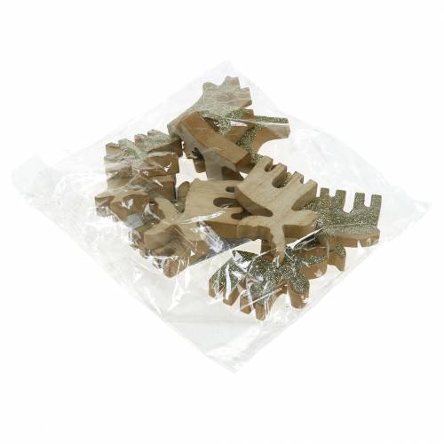 Floristik24 Decoração dispersa de madeira de alce de Natal dourada, glitter 5×5,5cm 12 un