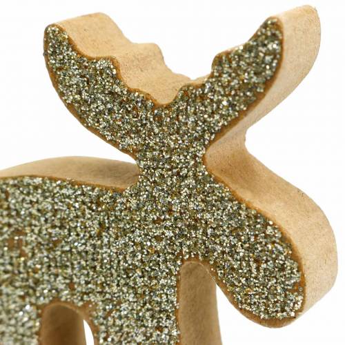 Floristik24 Decoração dispersa de madeira de alce de Natal dourada, glitter 5×5,5cm 12 un