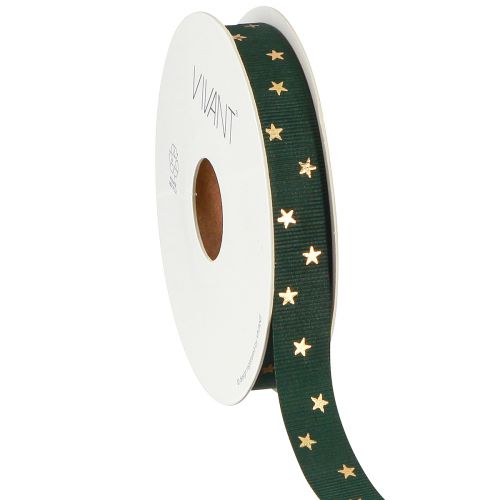 Floristik24 Fita decorativa elegante em verde escuro com estrelas douradas, largura 15 mm, comprimento 20 m