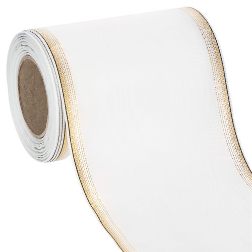 Fita decorativa elegante em moiré para guirlandas, 125 mm, branca com borda dourada - Fita decorativa de alta qualidade para arranjos florais e celebrações. comprar | Floristik24.pt