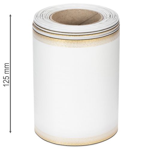 Fita decorativa elegante em moiré para guirlandas, 125 mm, branca com borda dourada - Fita decorativa de alta qualidade para arranjos florais e celebrações. | Floristik24.pt