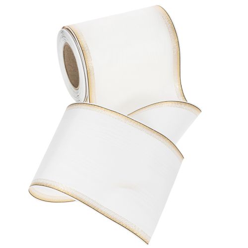 Fita decorativa elegante em moiré para guirlandas, 125 mm, branca com borda dourada - Fita decorativa de alta qualidade para arranjos florais e celebrações. | Floristik24.pt