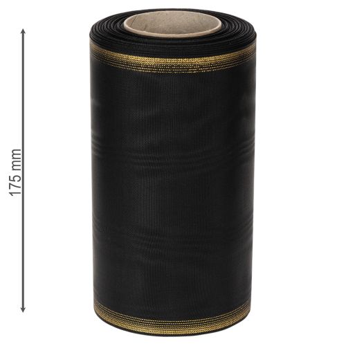 Fita decorativa elegante em moiré para coroas de flores, 175 mm, preta com borda perolada e trama de tafetá, fita decorativa para arranjos florais funerários, fita para laços, 25 m | Floristik24.pt